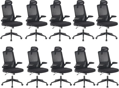 Office Computer Desk Chair, High Back Mesh Home Office Conference Room Chairs with Adjustable Headrest, Flip-Up Arms, Comfortable Lumbar Support, Black (Set of 10)
