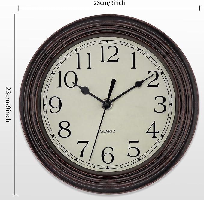 Foxtop 9 Inch Wall Clock Battery Operated Silent Non-Ticking Small Classic Vintage Retro Wall Clock Decorative for Kitchen Living Room Home Office (Bronze)