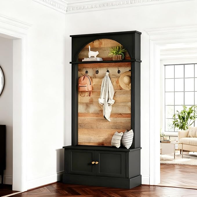Tribesigns 70.86" Hall Tree with Storage Bench, 4-in-1 Design Entryway Bench with Coat Rack, Farmhouse Hall Tree with 5 Hooks and Adjustable Shoe Storage for Entryway, Hallway(Black＋Brown)