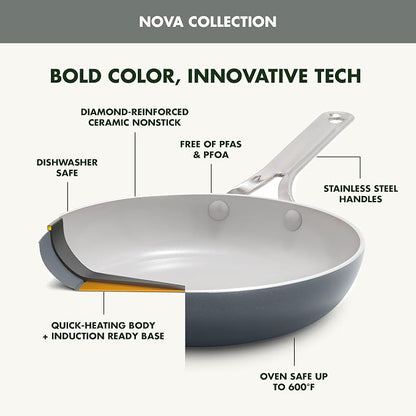 GreenPan Nova 12” Nonstick Frying Pan Skillet, PFAS-Free Ceramic Cookware, Durable Fast Heating, Induction Ready, Omelet & Eggs, Oven Safe to 600F, Dishwasher Safe, Slate Gray