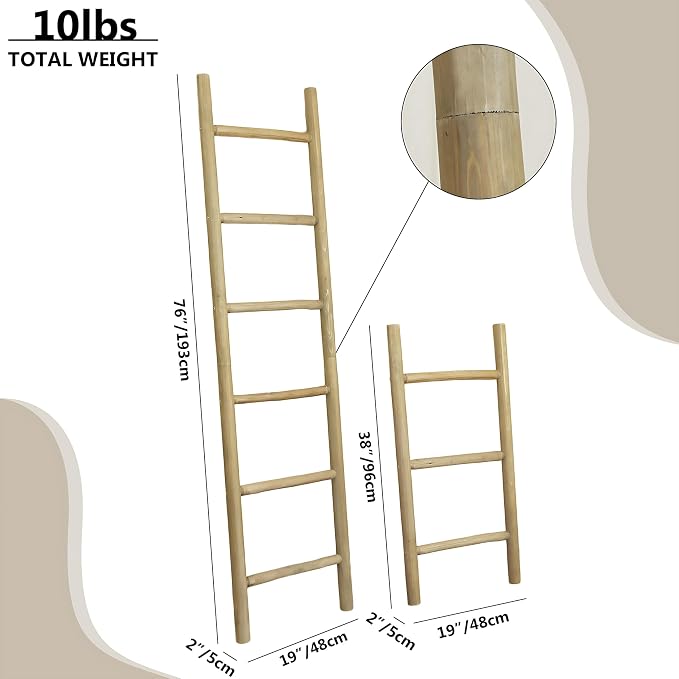 Wooden Blanket Ladder - 76in Natural & Motley Wood - Leaning Wall Decor for Bedroom, Bathroom, Living Room - Rustic Quilt Holder & Towel Rack (Natural Wood Color, 76in | Pre Assembled)