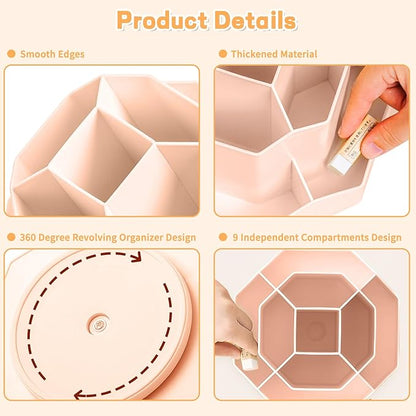 Pencil Pen Holder for Desk,9 Slots 360 Degree Rotating Desk Organizers,Desktop Storage Stationery Supplies Organizer, Cute Pencil Cup Pot For Office, School, Home(Pink)