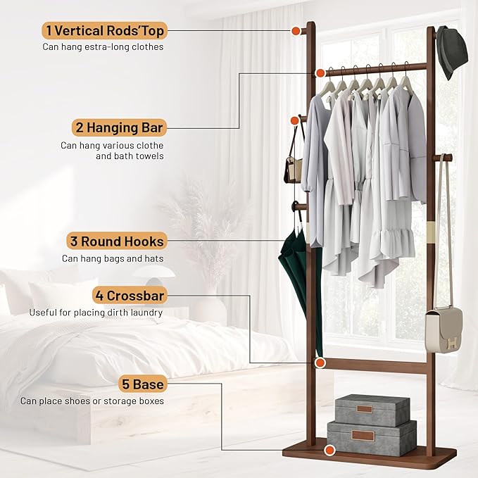 Freestanding Coat Rack with 2 Storage Shelves and 5 Hooks, Heavy Duty Wood Garment Rack for Bedroom, Hallway, Entryway (23.6x11x64 in)