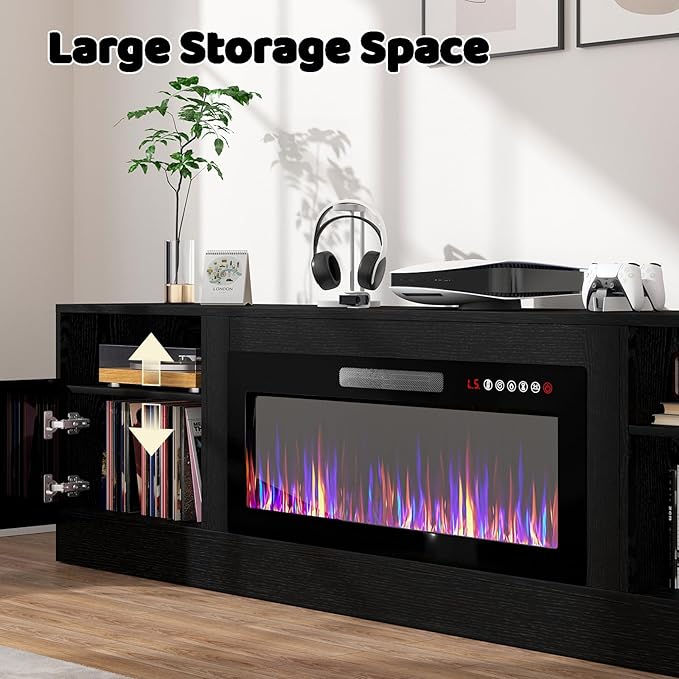 LEMBERI 80 Inch Fireplace TV Stand for TVs up to 90", 36" Electric Fireplace Entertainment Center with 20-Color LED, 300lbs Max Capacity Modern Wood Media Console Cabinet, Black