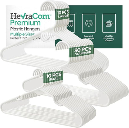 HevraCom Clothes Hangers Family Pack Strong Non Slip Hangers 50 Pack - 30 Standard, 10 Kids, 10 Heavy Duty, Space Saving Coat and Pants Hangers, Skirt Hanger for Storage, Hangers Plastic 50 Pack