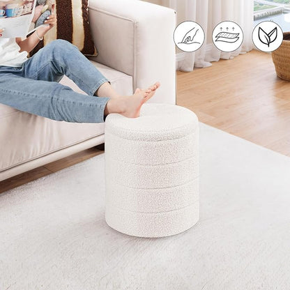 PINPLUS Round Storage Ottoman Foot Rest Stool with Tray Velvet Sherpa Folding Storage Ottoman,Boucle Foot Rest for Living Room, Bedroom, Dorm（White）