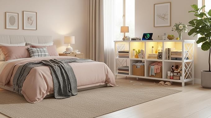 8 Cube Storage Organizer with LED Light and Charging Station, Wood and Metal Cube Shelf, White Horizontal Book Shelf for Bedroom, Home Office