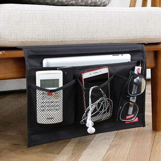 Bedside Caddy 4 Pockets Bedside Organizer Caddy Fit Tablet Magazine Phone Glasses, Under Mattress Remote Control Holder Storage Organizer, Black