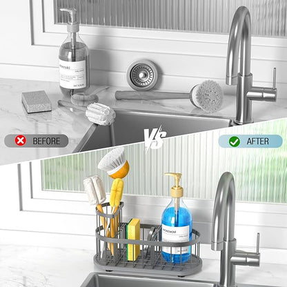 HOKEMOM Grey Sponge Holder for Kitchen Sink,Sink caddy organizer - 2.6mm Thick 304 Stainless Steel Caddy with Rust-Proof Coating, Non-Slip No-Drain Base. Dimensions: 9.84" x 4.72" x 5.83"