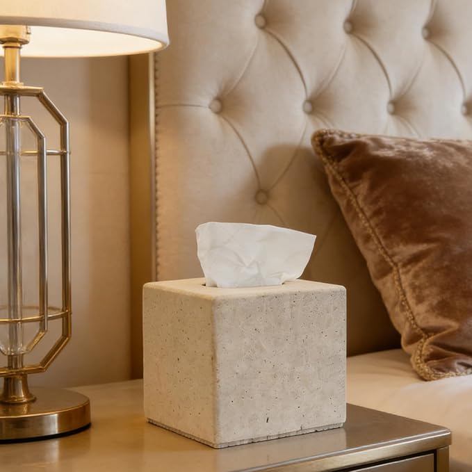 Travertine Tissue Box Cover, Heavy Duty Nature Stone Tissue Box Holder, Decorative Luxurious Travertine Square Toilet Tissue Box for Bathroom, Bedroom, Living Room, Office