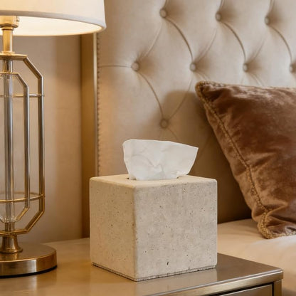 Travertine Tissue Box Cover, Heavy Duty Nature Stone Tissue Box Holder, Decorative Luxurious Travertine Square Toilet Tissue Box for Bathroom, Bedroom, Living Room, Office