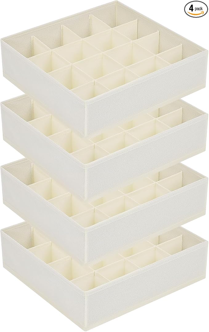 Joyoldelf Sock Drawer Organizer Divider Underwear Organizer 16-cell Fabric Dresser Drawer Organizers Storage Boxes for Socks Lingerie, Handkerchiefs, Ties 4 Pack (Beige)