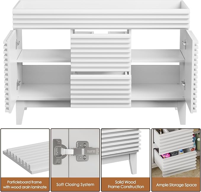 ROOMTEC 48" Bathroom Vanity, Mid-Century Freestanding Bathroom Vanity Cabinet with Storage, Particleboard Frame with Wood Grain Laminate, White(Sink Basin Not Included)