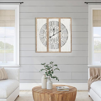 RiteSune Unique 30" Wall Clock for Living Room Decor, Oversized Farmhouse Wall Clock Battery Operated, Triptych Panel Wooden Large Clock Wall Art for Bedroom Entryway
