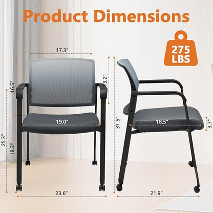 CLATINA Mesh Back Stacking Arm Chairs with Upholstered Fabric Seat and Ergonomic Lumbar Support for Office School Church Guest Reception (WithWheels Gray- 2 Pack)