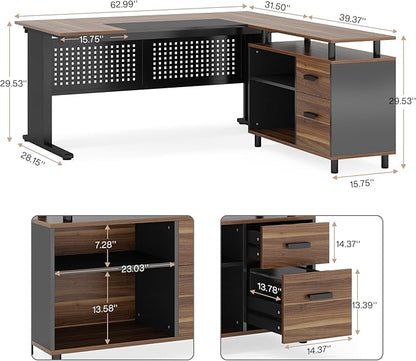 Tribesigns 63 Inch Executive Desk with File Cabinet, Large Office Desk L Shaped Computer Desk with Drawers and Storage Shelves, Business Furniture Desk Workstation for Home Office, Brown and Black