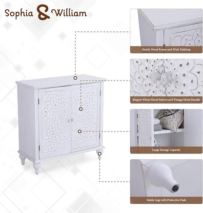 Sophia & William Accent Cabinet with Doors, Distressed Display Storage Cabinet with Wooden Frame and Carved Finch Feather Patterns for Entryway Living Room, White
