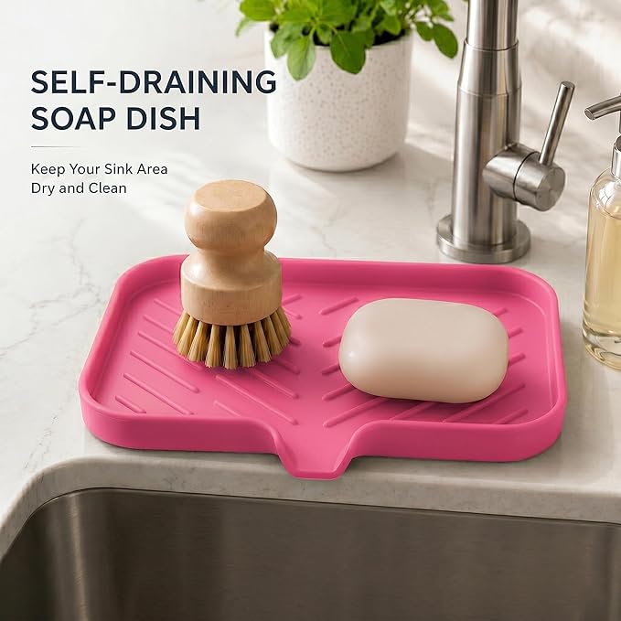MicoYang Silicone Soap Dish with Drain Spout — Self-Draining Sink Organizer Tray for Bathroom & Kitchen, Sponges, Dispensers & Soap Holder, Non-Slip & Dishwasher Safe, Rose (Medium, 9.6"×5.3")