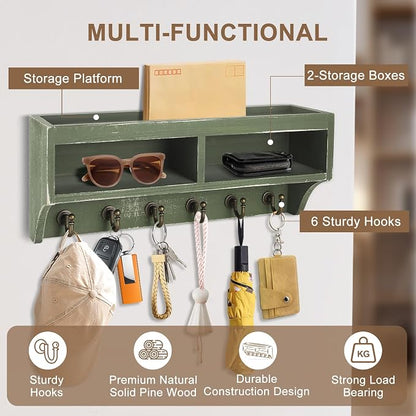 Key Holder Wall Mount - Mail Organizer Wall Mount with 6 Key Hooks and Storage Box for Sunglasses Storage and Dog Leash Holder Home Decor Rack Apartment Farmhouse Shelf Entryway Organizer (Green)