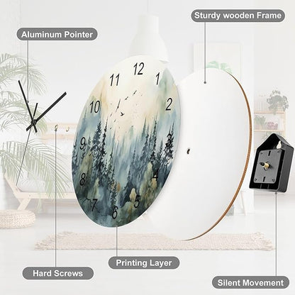 Forest Wall Clock 12 Inch Silent Non Ticking Clock Wooden, Watercolor Style Nature Mountain Woodland Green Forest Flying Birds Wall Clock Battery Operated Kitchen Bedroom Living Room Decor