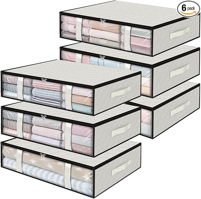 StorageRight Under Bed Storage Bags 6 Pack, 40L Large Clothes & Comforter Storage Containers with Clear Window, Breathable Fabric Organizer for Blankets, Bedding, Seasonal Clothing, White