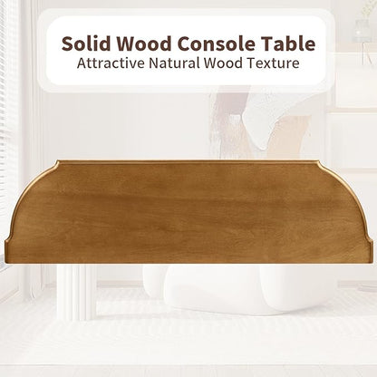 43" Retro Curved Console Table with Drawers, Solid Wood Half Moon Console Table Entry Sofa Table with Storage with Solid Pine Roman Legs Open Shelf for Small Spaces Living Room,Brown