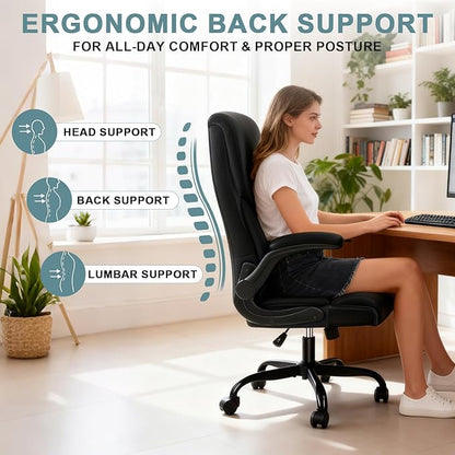 Executive Office Chair,High Back Ergonomic Comfy Desk Chair with Padded Flip-up Armrests and Wheels,PU Leather Heavy Duty Computer Swivel Rolling Task Chair for Home Office,Adults,Black