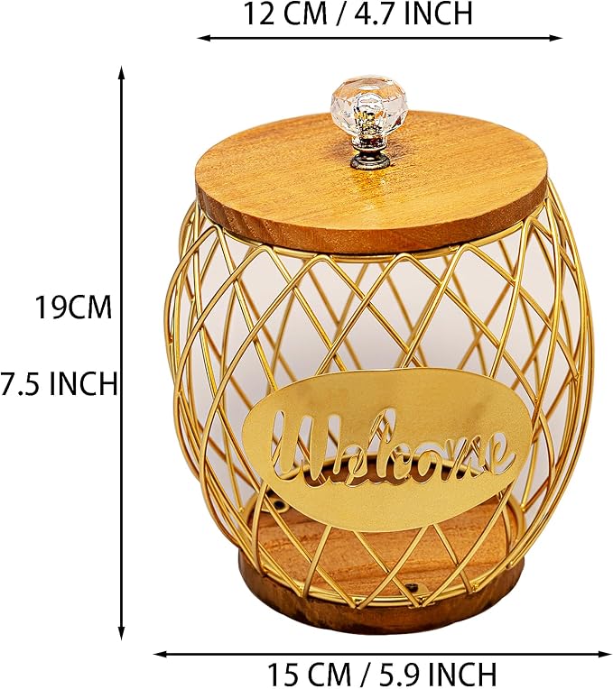 Gold Metal Wire Coffee Pod Holder Basket with Wood Base & Lid, Crystal Knob Capsule Storage Organizer Compatible with Nespresso Vertuo, Holds 60 Original or 26 Vertuo for Coffee Station Countertop