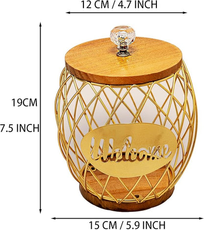 Gold Metal Wire Coffee Pod Holder Basket with Wood Base & Lid, Crystal Knob Capsule Storage Organizer Compatible with Nespresso Vertuo, Holds 60 Original or 26 Vertuo for Coffee Station Countertop