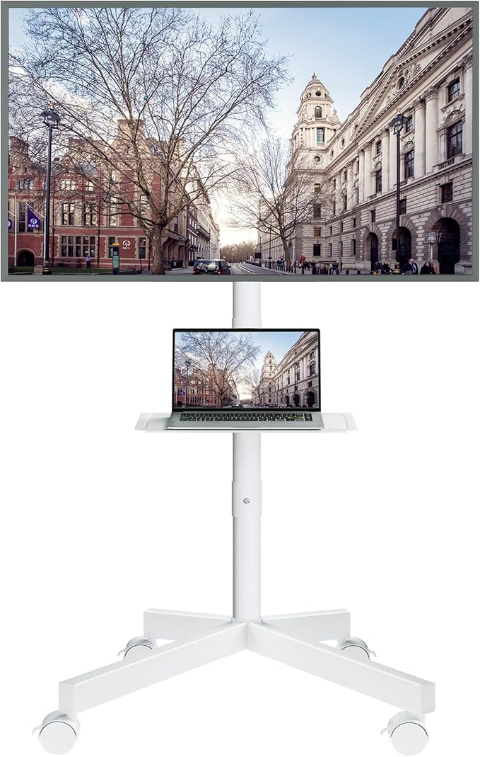 BONTEC Rolling TV Stand with Tilt, Mobile TV Stand Wheels for 23–65 Inch TVs, Portable Outdoor TV Cart with Adjustable Shelf for Living Room, Bedroom, Holds 88 lbs, Max VESA 400x400mm, White