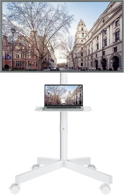 BONTEC Rolling TV Stand with Tilt, Mobile TV Stand Wheels for 23–65 Inch TVs, Portable Outdoor TV Cart with Adjustable Shelf for Living Room, Bedroom, Holds 88 lbs, Max VESA 400x400mm, White