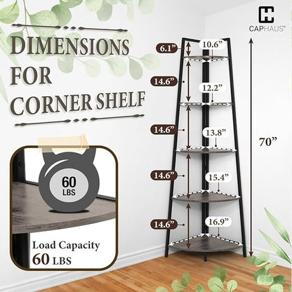 CAPHAUS Tall Corner Shelf Stand, 5-Tier Display Shelves, Ladder Corner Wood Storage Plant Bookshelf with Metal Frame, Versatile Shelving Unit Bookcase for Home Office Space, Dark Grey