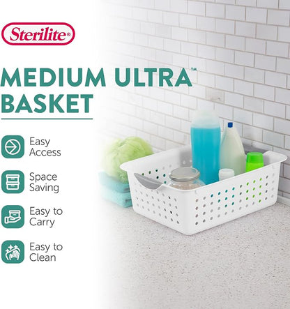 Sterilite 24-Pack Medium Ultra Basket, Open Top Plastic Storage Organizer, White - Classic Baskets for Organizing Countertops, Pantry Shelves, Kitchen Cabinets, Laundry Rooms or Home Offices