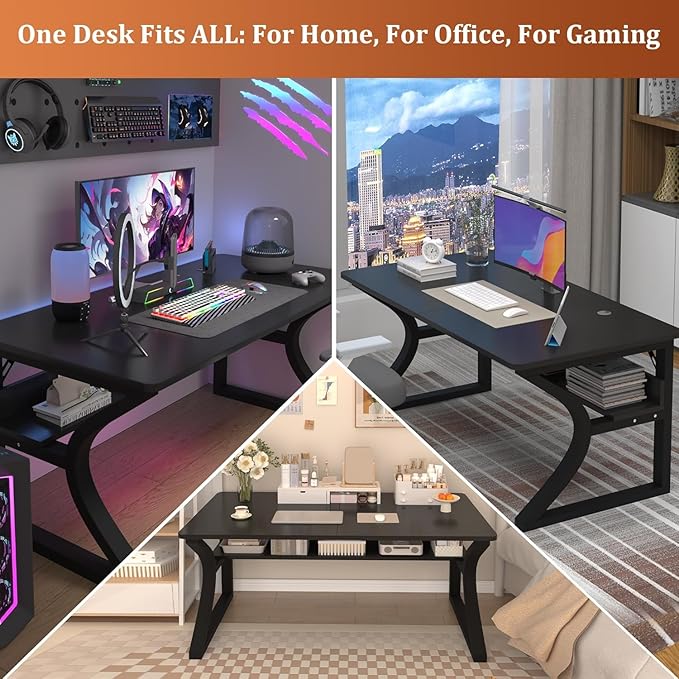 Computer Desk, 55'' Home Office Desks Computer Desk w/Storage Shelf, Study Writing Desk w/U Shaped Metal, Cable Management, Work Table w/Water-Resistant Deeper Thicker Desktop for Home Office