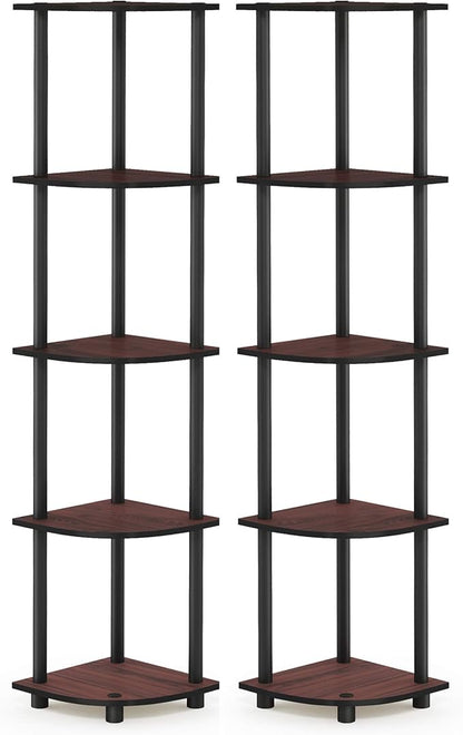 Furinno TURN-N-TUBE Corner Shelf Set of 2, 5-Tier Corner Bookshelf, Open Storage Shelves, for Organization and Storage, Living Room, Home Office, Garage, Dark Cherry