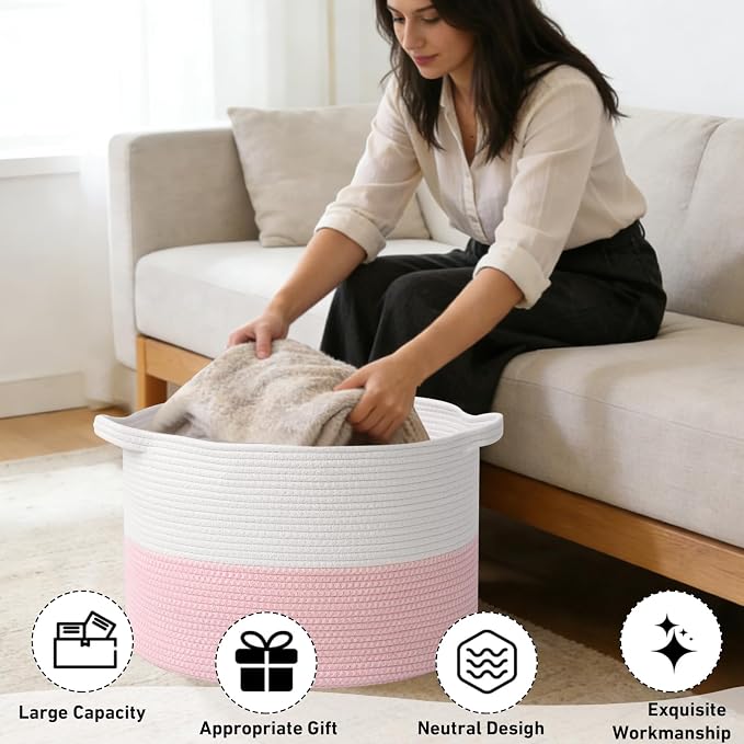115L Extra Large Pink Woven Cotton Rope Basket with Handles, Kids Nursery Laundry Hamper for Toys, Blankets, Pillows & Comforters, Cute Storage Bin for Bedroom & Playroom