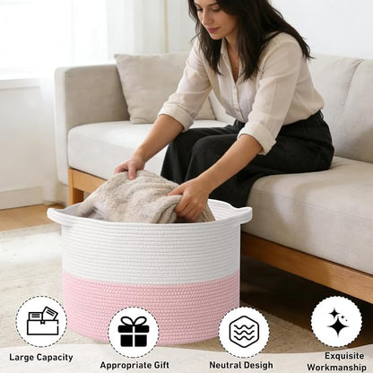 115L Extra Large Pink Woven Cotton Rope Basket with Handles, Kids Nursery Laundry Hamper for Toys, Blankets, Pillows & Comforters, Cute Storage Bin for Bedroom & Playroom