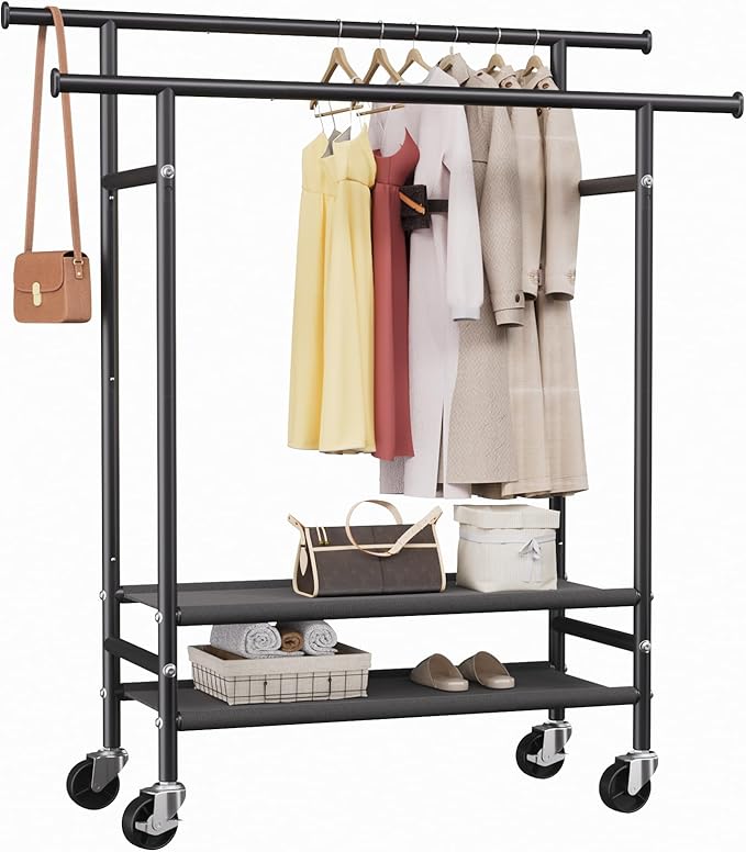 HYSEYY Rolling Clothes Racks, Double Rods Clothing Rack