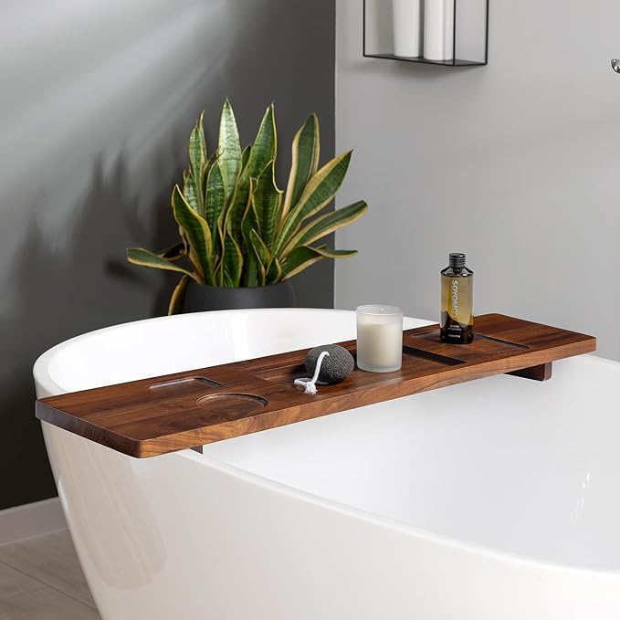 Teak Bathtub Tray for Freestanding Tubs - 35" Heavy-Duty Luxury Bath Caddy, Non-Slip Zero-Wobble Design, Water-Resistant Spa Organizer with Wine Glass & Phone Holder