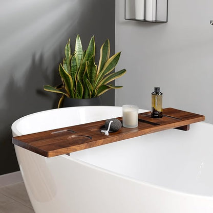 Teak Bathtub Tray for Freestanding Tubs - 35" Heavy-Duty Luxury Bath Caddy, Non-Slip Zero-Wobble Design, Water-Resistant Spa Organizer with Wine Glass & Phone Holder