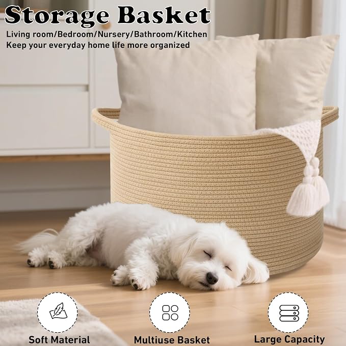 65L Large Blanket Basket,Woven Rope Laundry Basket Hamper with Handles,Decorative Nursery Basket Storage Bin for Toys, Pillows , Clothes Organizer, Living Room, Bedroom, Bathroom, Camel