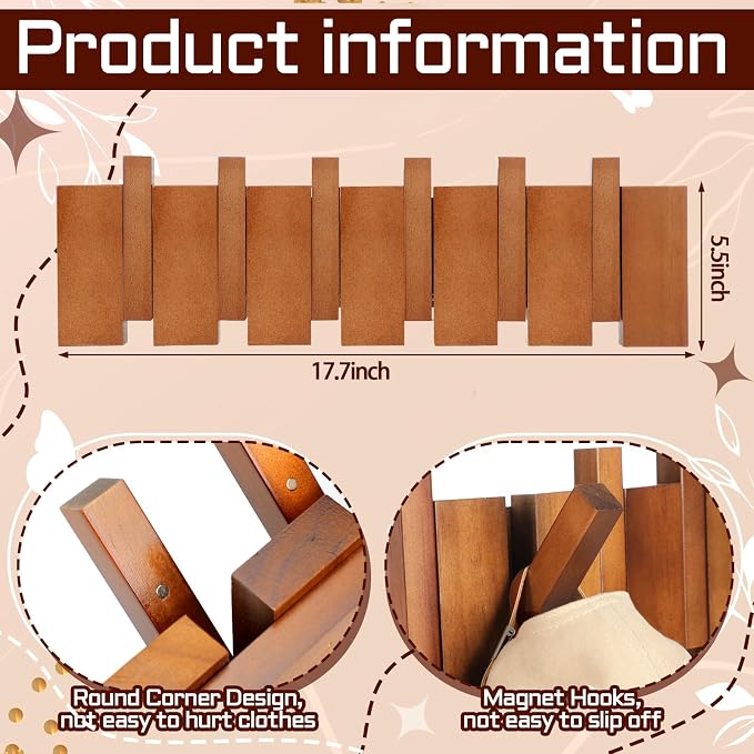Youyole Mid Century Modern Wooden Coat Hooks Wall Mounted Folding Coat Rack Hanger with Hooks Heavy Duty Flip Down Piano Hat Rack for Hanging Coats Hats Home (17.7 x 5.3'',Wood Color,2 Pcs)