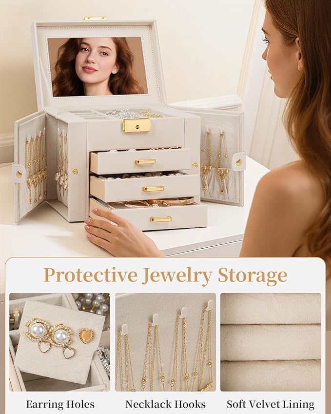 TORIBIO Jewelry Box for Women, Leather Jewelry Organizer with Mirror & Lock, 4-Tier Jewelry Storage Organizer with 3 Drawers for Girls/Women/Mothers, Necklace Earring Bracelets Holder Organizer
