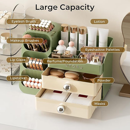 Makeup Organizer for Vanity with Brush Holder, Countertop Skincare Organizer with 2 Drawers, Spacious Cosmetic Display Case for Perfumes, Eyeshadow Palettes, Nail Polishes