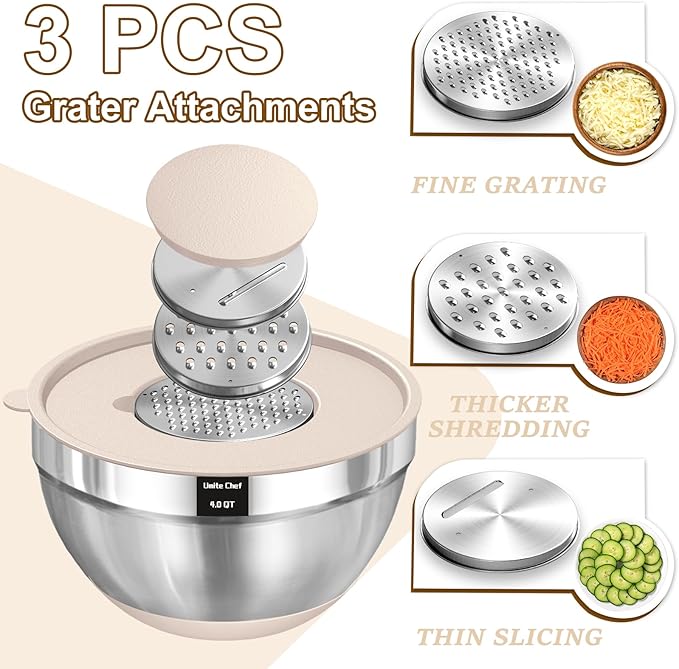 Umite Chef Mixing Bowls with Airtight Lids Set, 8PCS Stainless Steel Nesting Bowls with Grater Attachments, Non-Slip Bottoms, 5, 4, 3.5, 2, 1.5QT for Mixing & Serving