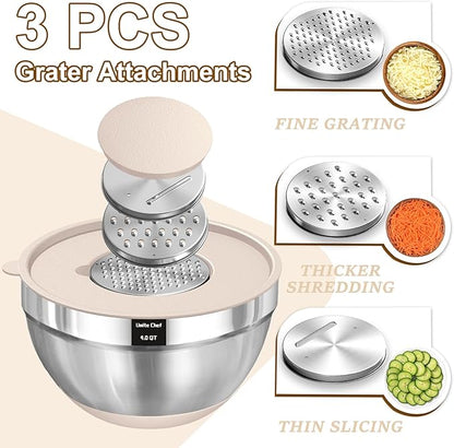 Umite Chef Mixing Bowls with Airtight Lids Set, 8PCS Stainless Steel Nesting Bowls with Grater Attachments, Non-Slip Bottoms, 5, 4, 3.5, 2, 1.5QT for Mixing & Serving