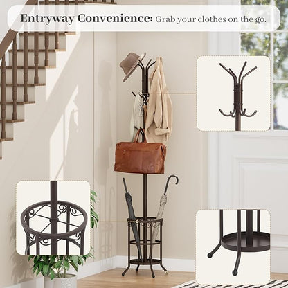 Coat Rack Freestanding With Umbrella Holder – Metal Hall Tree with 12 Hooks, Entryway Organizer for Hats, Bags, and Clothes (Brown)