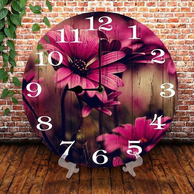 Pink Flowers Wall Clock 10 Inch Silent Non Ticking Battery Operated Wooden Modern Office Simple Minimalist Clock Decorative for Kitchen Home Bathroom Living Room