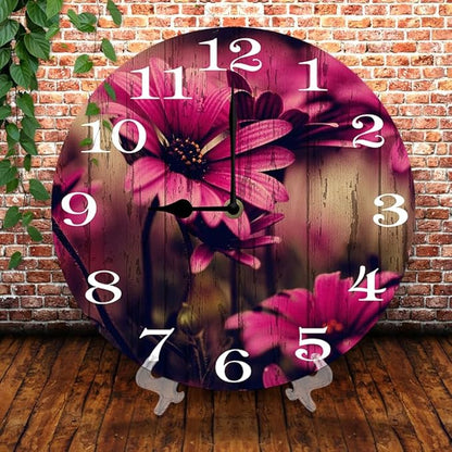 Pink Flowers Wall Clock 10 Inch Silent Non Ticking Battery Operated Wooden Modern Office Simple Minimalist Clock Decorative for Kitchen Home Bathroom Living Room