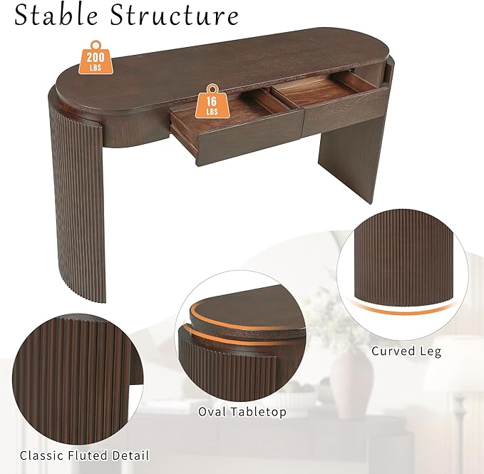 Entryway Table with Natural Wood Grain Finish, Console Table with Fluted Design, Oval Top and 2 Drawers for Entryway and Living Room (Espresso)